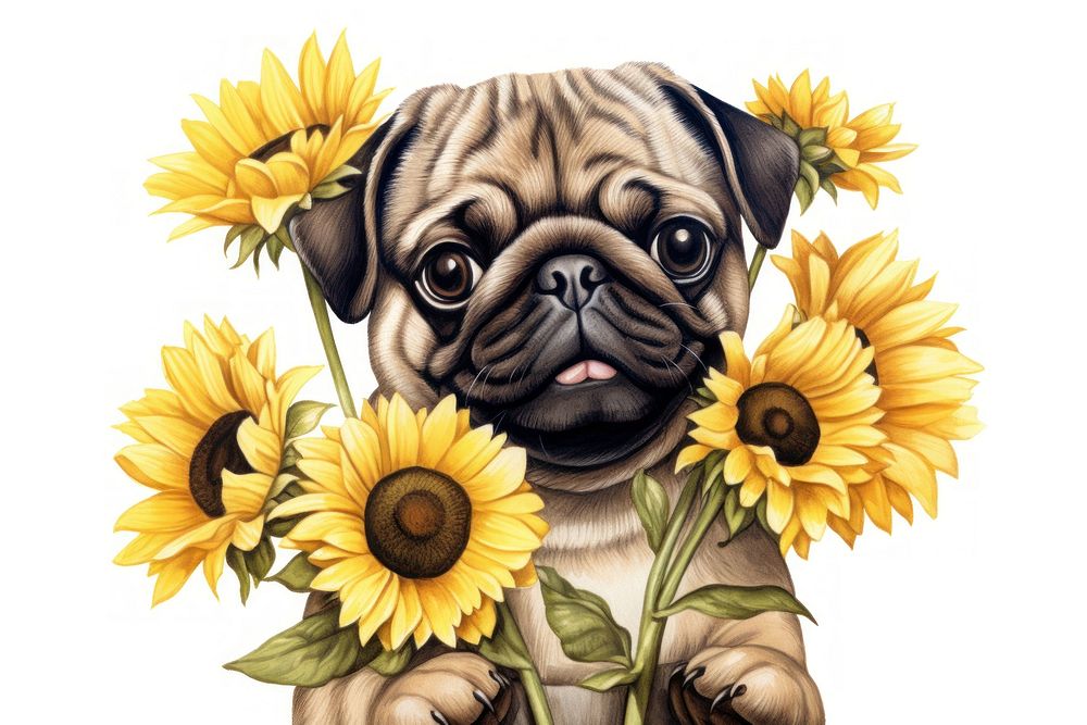 Sunflower pug mammal animal. AI generated Image by rawpixel.