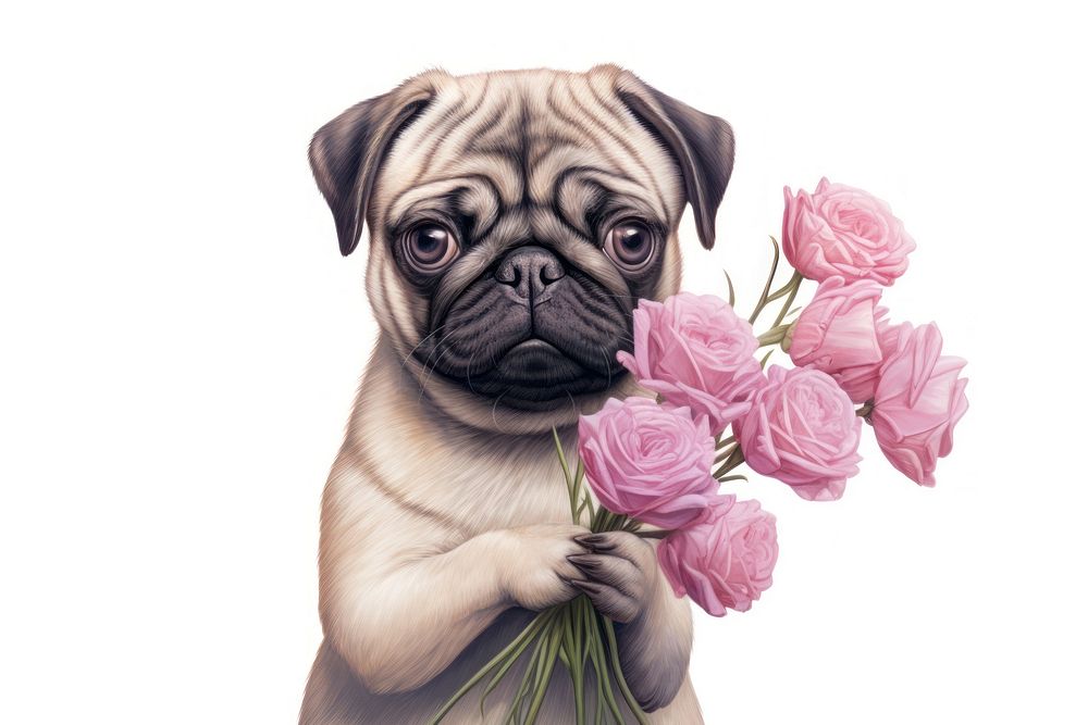 Pug holding flowers animal mammal plant. AI generated Image by rawpixel.