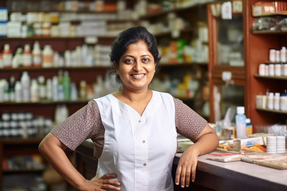 Chubby indian female pharmacy smiling adult store. 