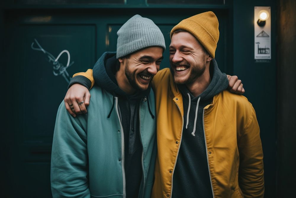 Friends embracing laughing standing. AI generated Image by rawpixel.