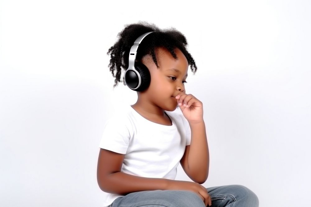 Black little girl headphones listening sitting. AI generated Image by rawpixel.