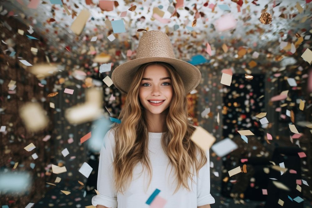 Girl wearing a hat birthday party confetti portrait smile. AI generated Image by rawpixel.