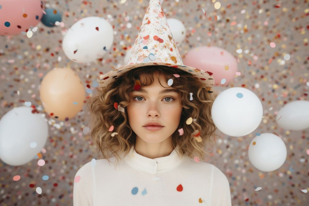 Girl wearing a hat birthday party confetti portrait balloon. AI generated Image by rawpixel.