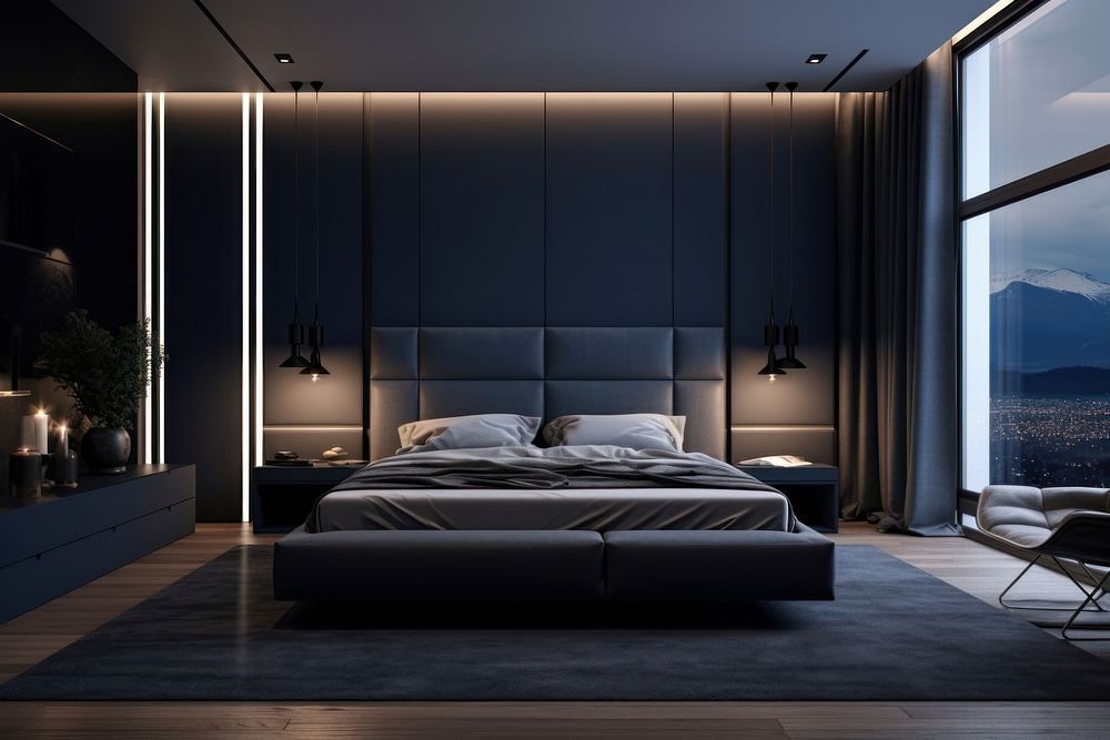 Minimal modern bedroom furniture architecture illuminated. AI generated Image by rawpixel.