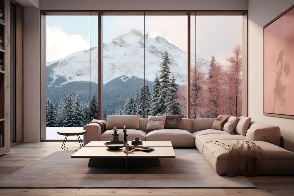 Living room architecture furniture mountain. AI generated Image by rawpixel.
