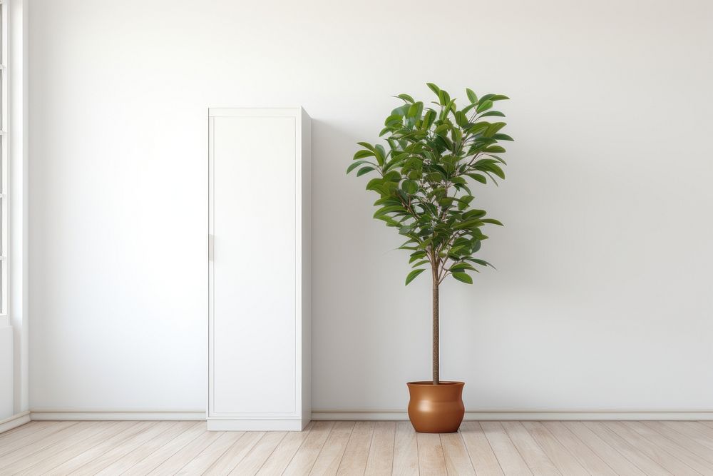 White cabinet plant vase leaf. AI generated Image by rawpixel.