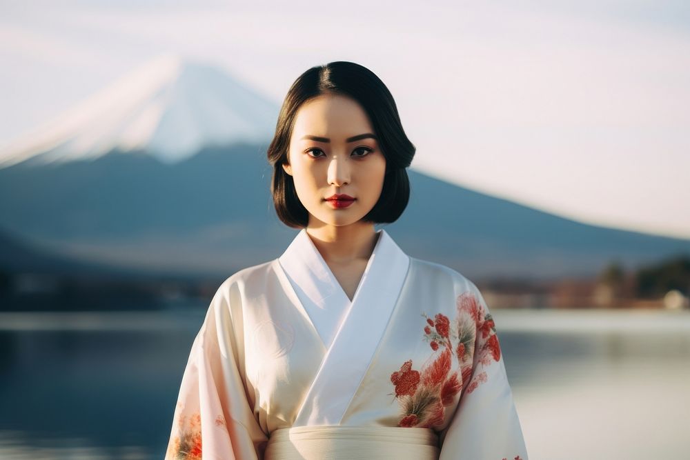 Japanese traditional kimono portrait mountain. AI generated Image by rawpixel.