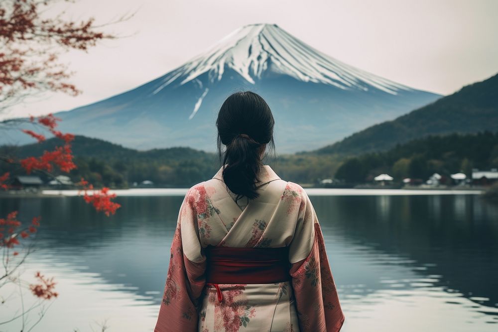 Japanese traditional kimono mountain outdoors. AI generated Image by rawpixel.