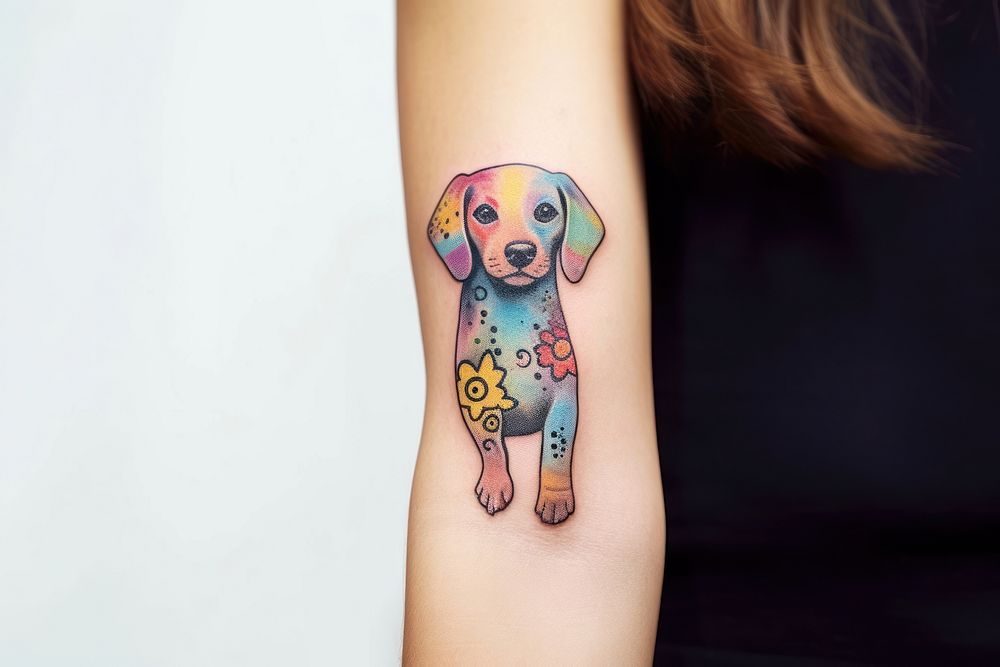 Colorful handpoke dog tattoo arm representation midsection. AI generated Image by rawpixel.