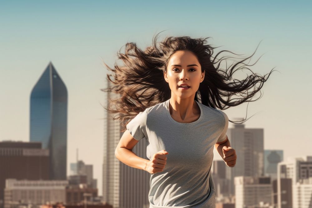 Woman running architecture cityscape building. AI generated Image by rawpixel.