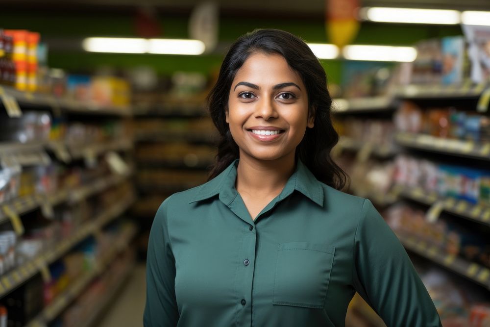 Indian female clerk smiling market store. AI generated Image by rawpixel.