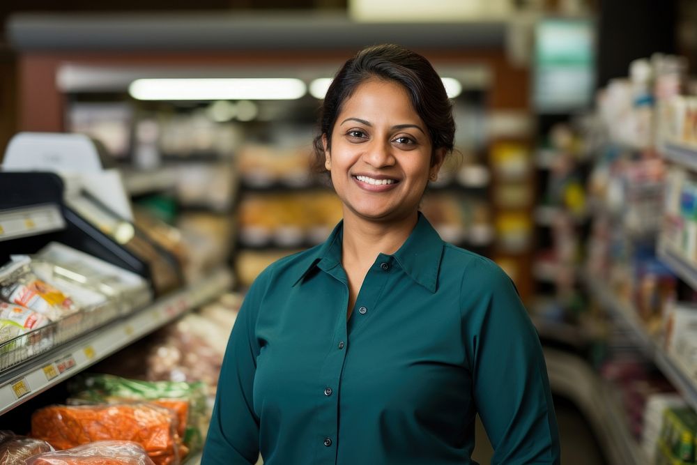 Indian female clerk supermarket smiling adult. AI generated Image by rawpixel.