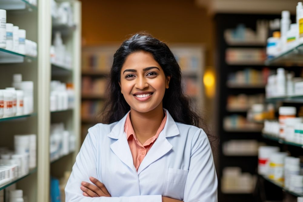 Indian female pharmacy smiling adult store. AI generated Image by rawpixel.