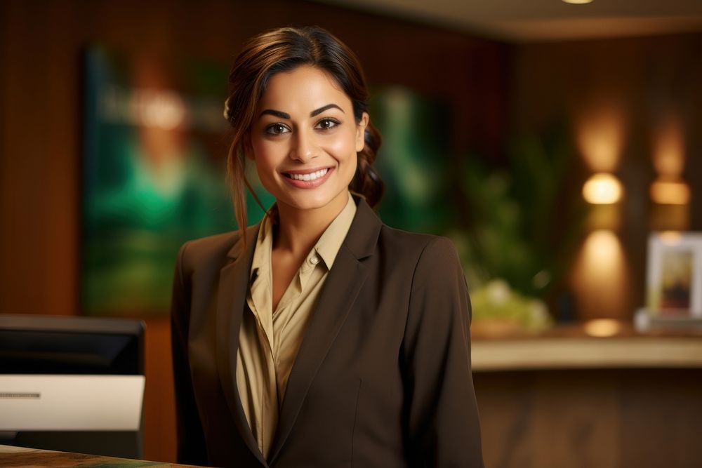Indian female receptionist portrait smiling adult. AI generated Image by rawpixel.