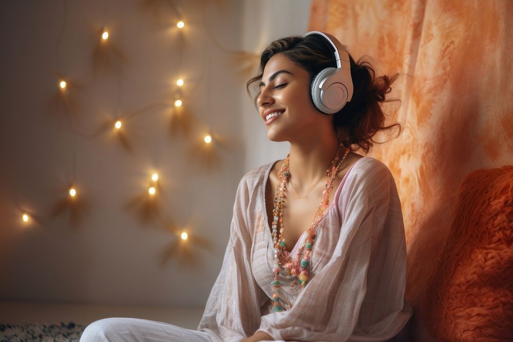 Woman wearing headphones listening sitting headset. AI generated Image by rawpixel.