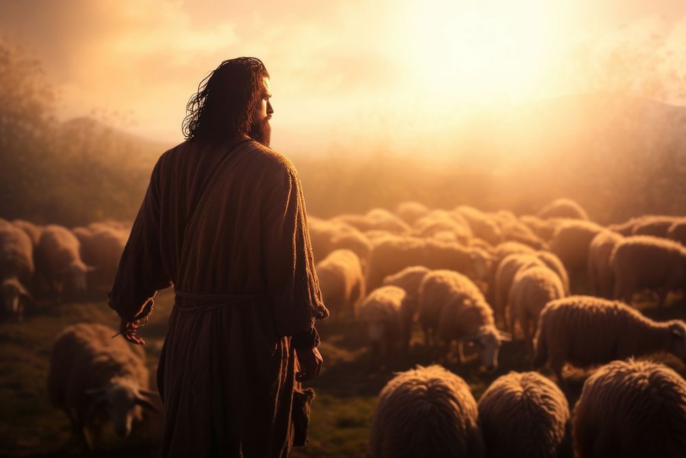 Jesus Christ leading the sheep livestock outdoors mammal. AI generated Image by rawpixel.