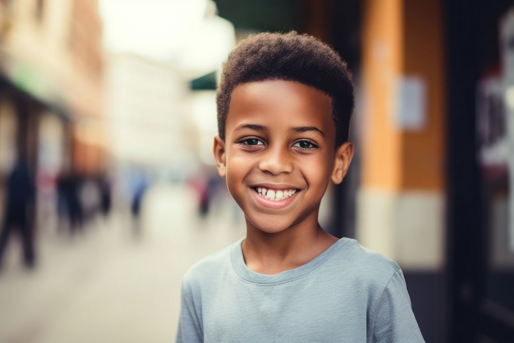 Black little boy smile outdoors street. AI generated Image by rawpixel.