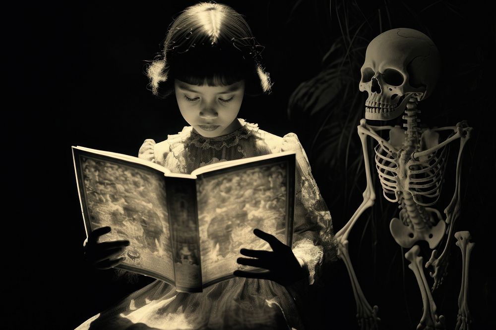Girl reading book publication monochrome darkness. AI generated Image by rawpixel.