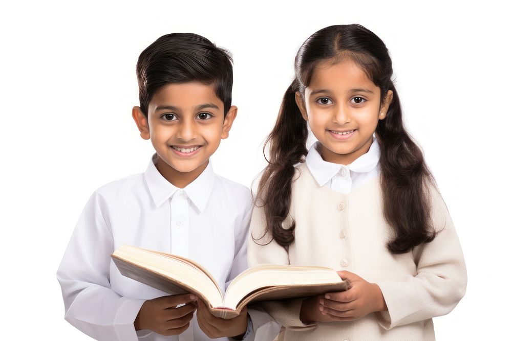 Indian kids holding a book publication learning student. 