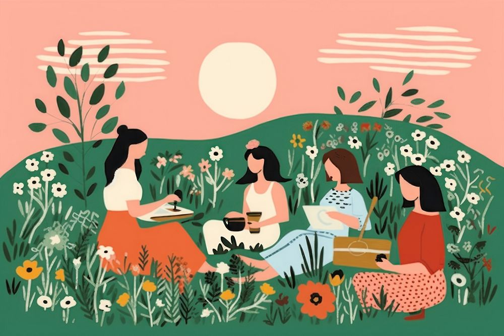 Women picnic on a grassy hills happiness nature adult. AI generated Image by rawpixel.