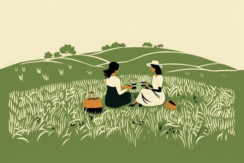 Women picnic on a grassy hills nature agriculture outdoors. AI generated Image by rawpixel.