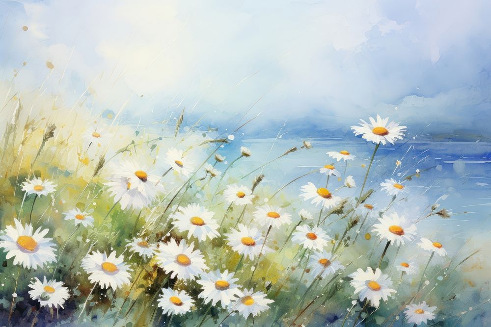 Daisy flowers painting nature landscape. AI generated Image by rawpixel.
