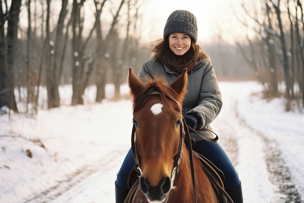 Woman ridding horse mammal animal winter. AI generated Image by rawpixel.