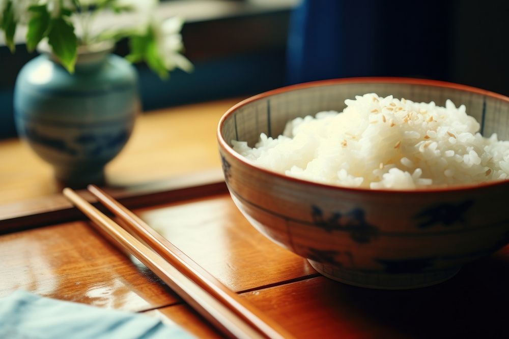 Bowl of rice chopsticks food freshness. AI generated Image by rawpixel.