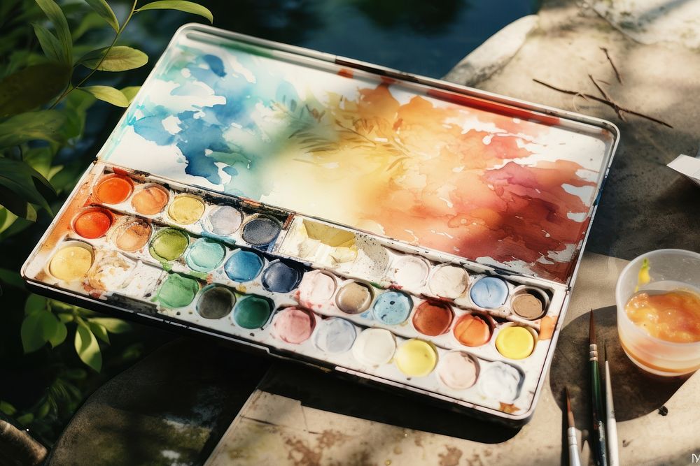 Watercolor palette art paintbrush creativity. AI generated Image by rawpixel.
