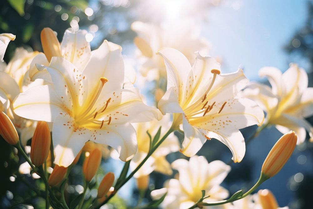 Lily flower sunlight outdoors blossom. AI generated Image by rawpixel.