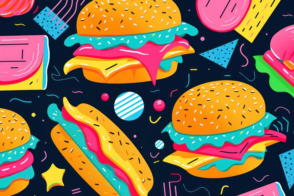 Abstract memphis burgers background pattern backgrounds food. AI generated Image by rawpixel.