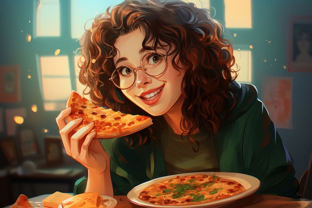 Woman eating a small piece Pizza pizza biting adult. AI generated Image by rawpixel.