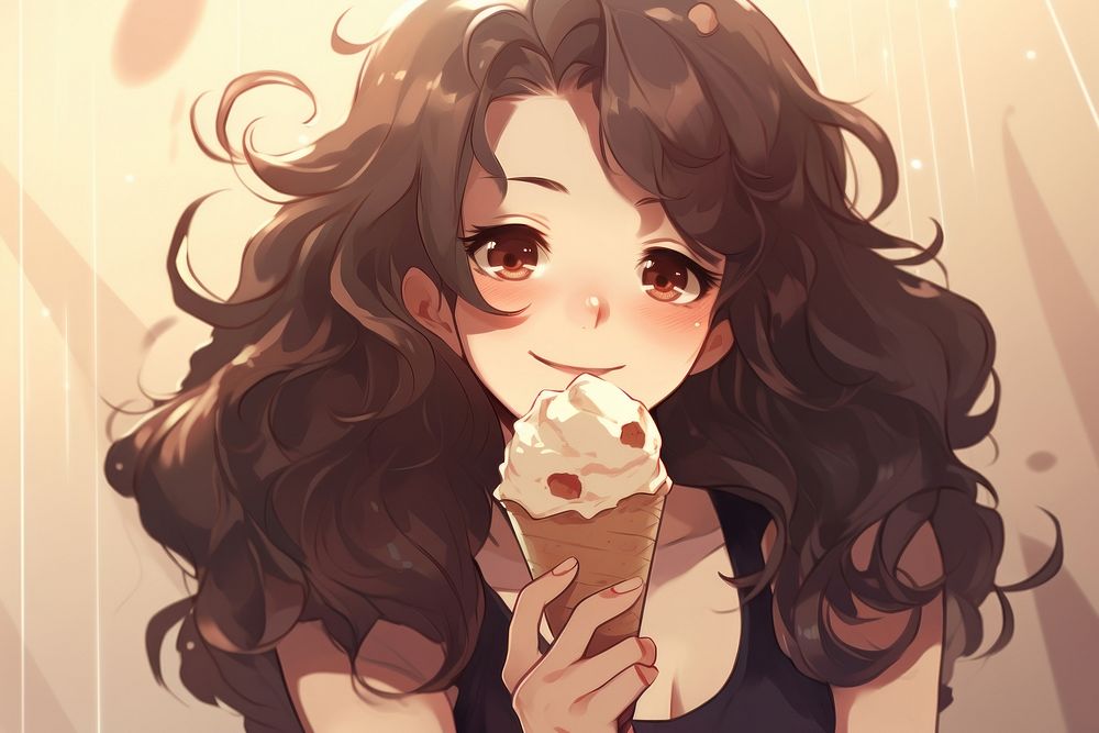 Young woman eating chocolate ice cream adult anime face. AI generated Image by rawpixel.