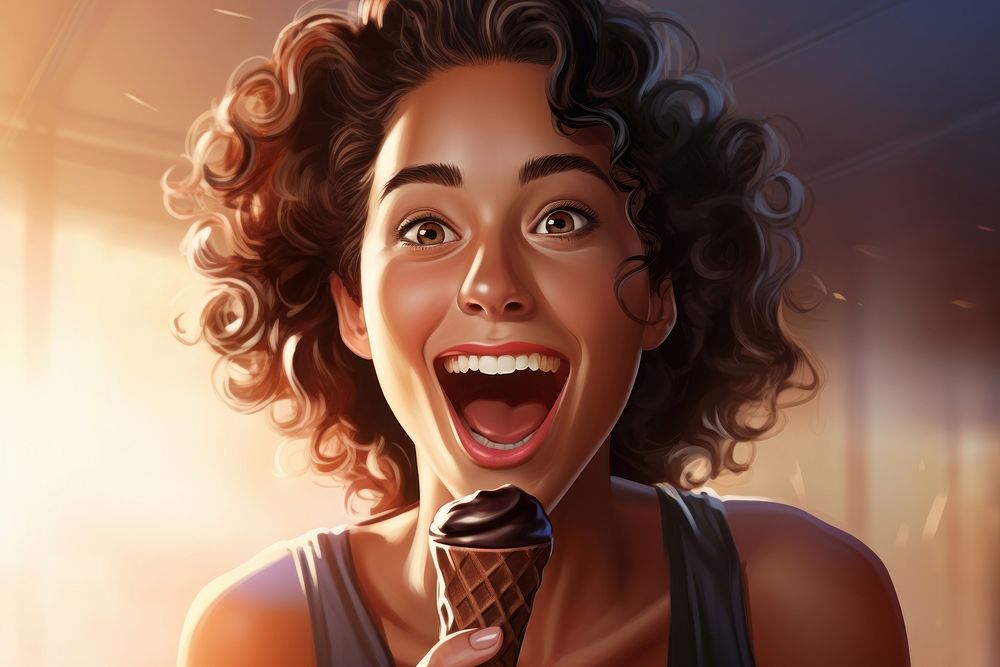 Young woman eating chocolate ice cream laughing adult happy. AI generated Image by rawpixel.