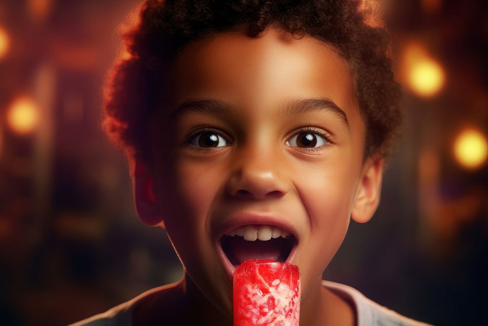Young man eating strawberry ice lolly biting happy face. AI generated Image by rawpixel.