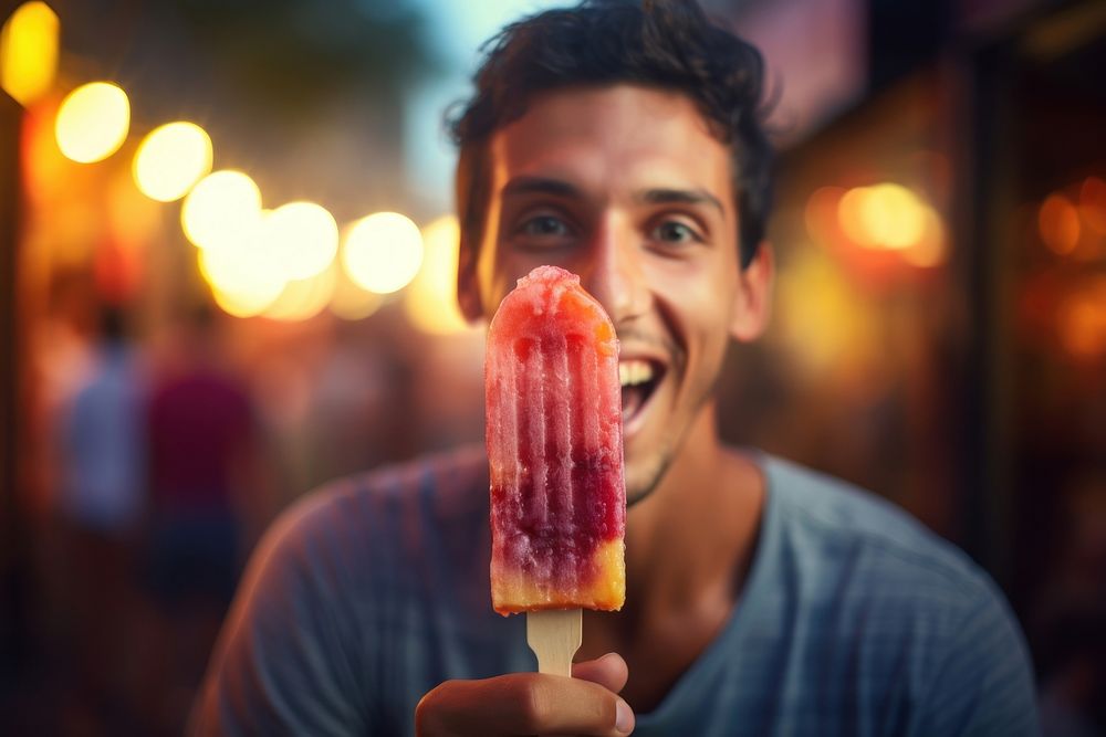 Young man eating strawberry ice lolly adult food happiness. AI generated Image by rawpixel.