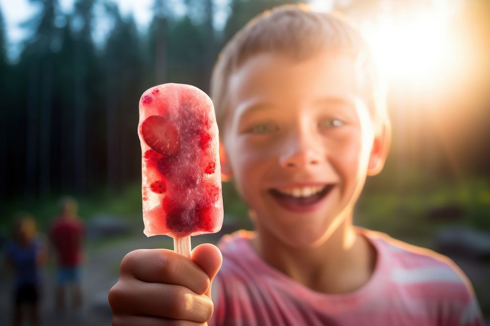 Young man eating strawberry ice lolly dessert food face. AI generated Image by rawpixel.