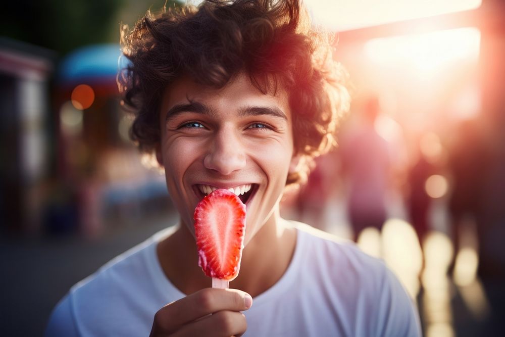Young man eating strawberry ice lolly toothbrush biting smile. AI generated Image by rawpixel.