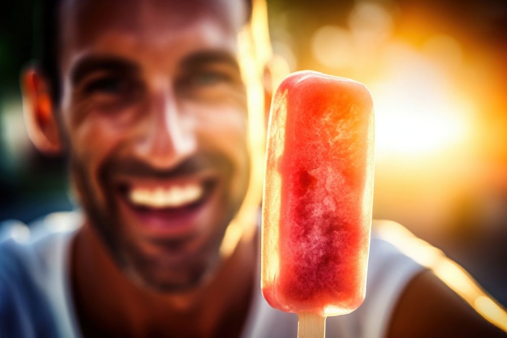 Young man eating strawberry ice lolly adult smile happy. AI generated Image by rawpixel.