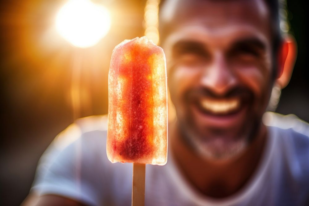 Young man eating strawberry ice lolly adult happy food. AI generated Image by rawpixel.