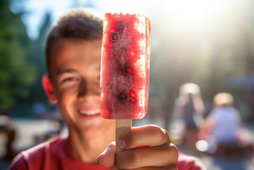 Young man eating strawberry ice lolly dessert adult food. AI generated Image by rawpixel.