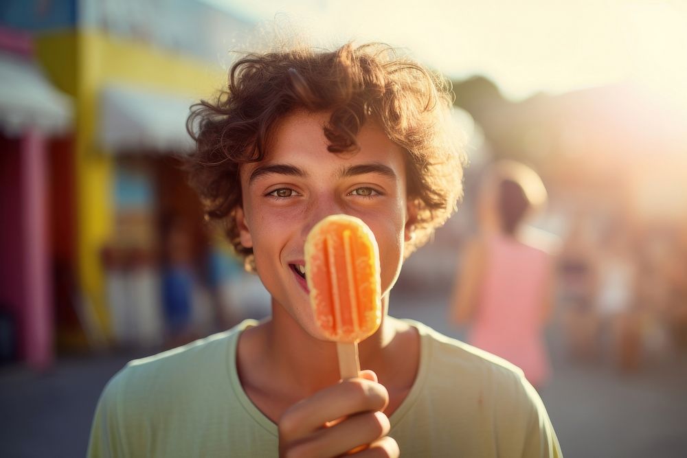 Young man eating orange ice lolly biting food face. AI generated Image by rawpixel.