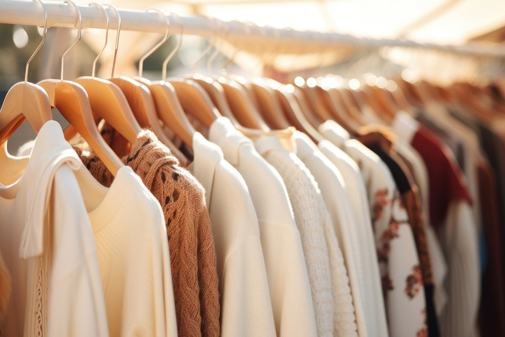 Clothing rack of vintage clothing market consumerism arrangement. 