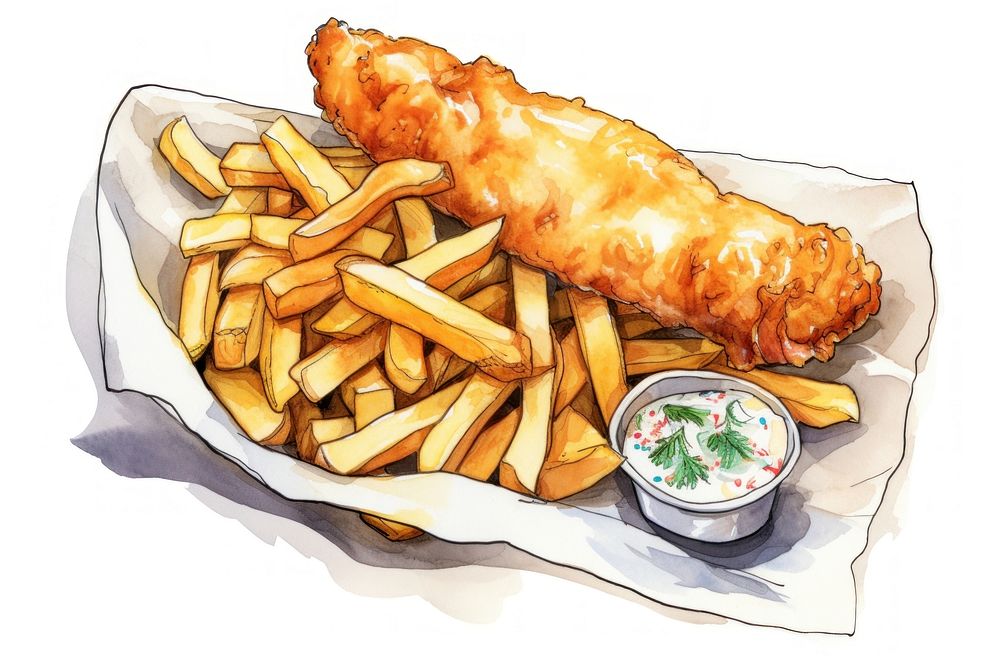 Classic british fish and chips cartoon sketch food. AI generated Image by rawpixel.