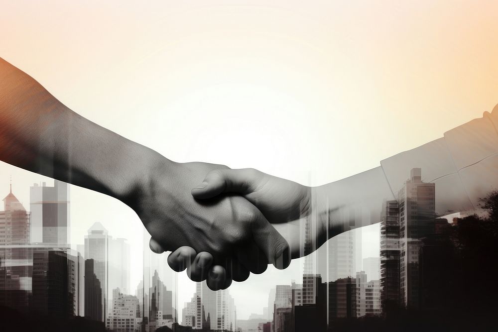 Hand shake silhouette with city handshake togetherness architecture. AI generated Image by rawpixel.