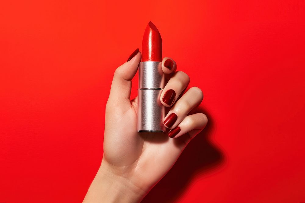 Hands holding lipstick cosmetics red red background. AI generated Image by rawpixel.