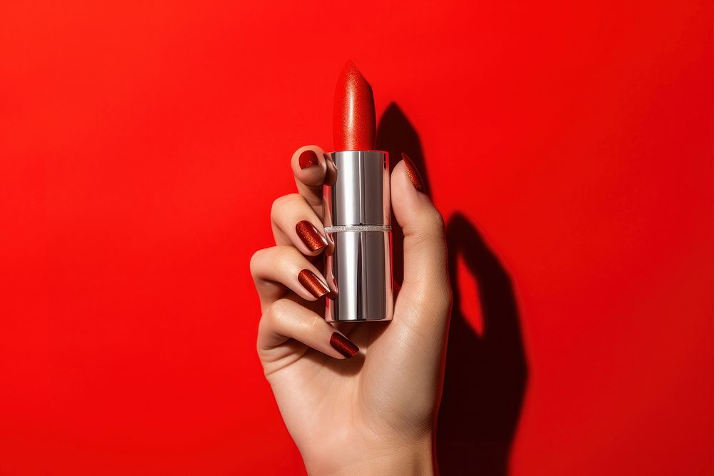Hands holding lipstick cosmetics red red background. AI generated Image by rawpixel.