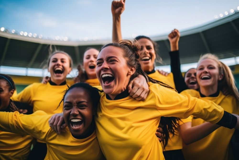 Female soccer players celebrating victory cheerful shouting laughing. AI generated Image by rawpixel.
