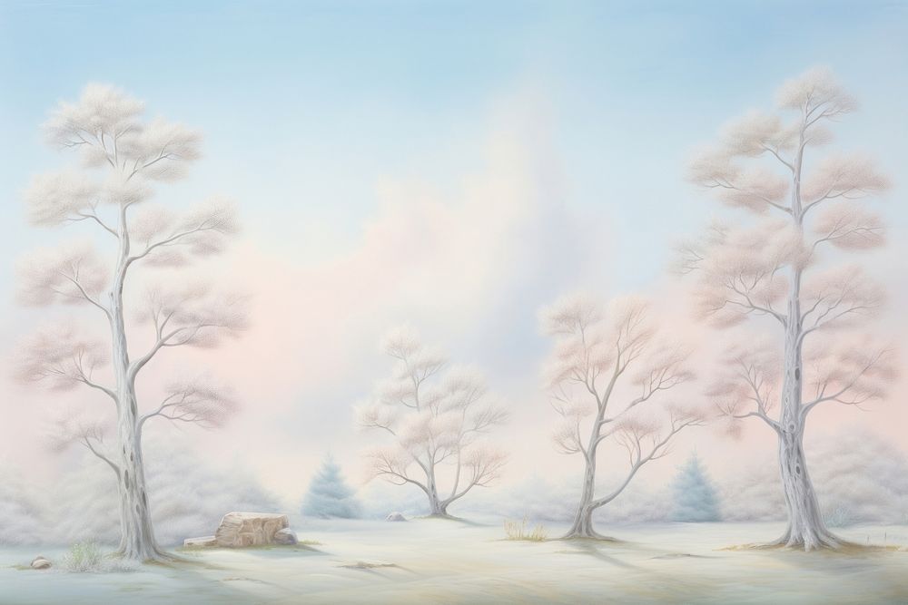 Painting of trees border outdoors nature snow. AI generated Image by rawpixel.