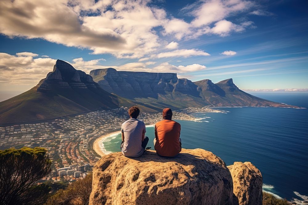 Two travelers sitting nature cliff landscape. AI generated Image by rawpixel.